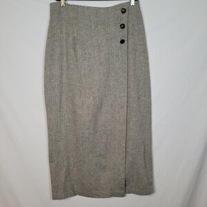 MJ Carroll Herringbone Tweed Button Wrap Classic Midi Skirt Wool Blend Size 12